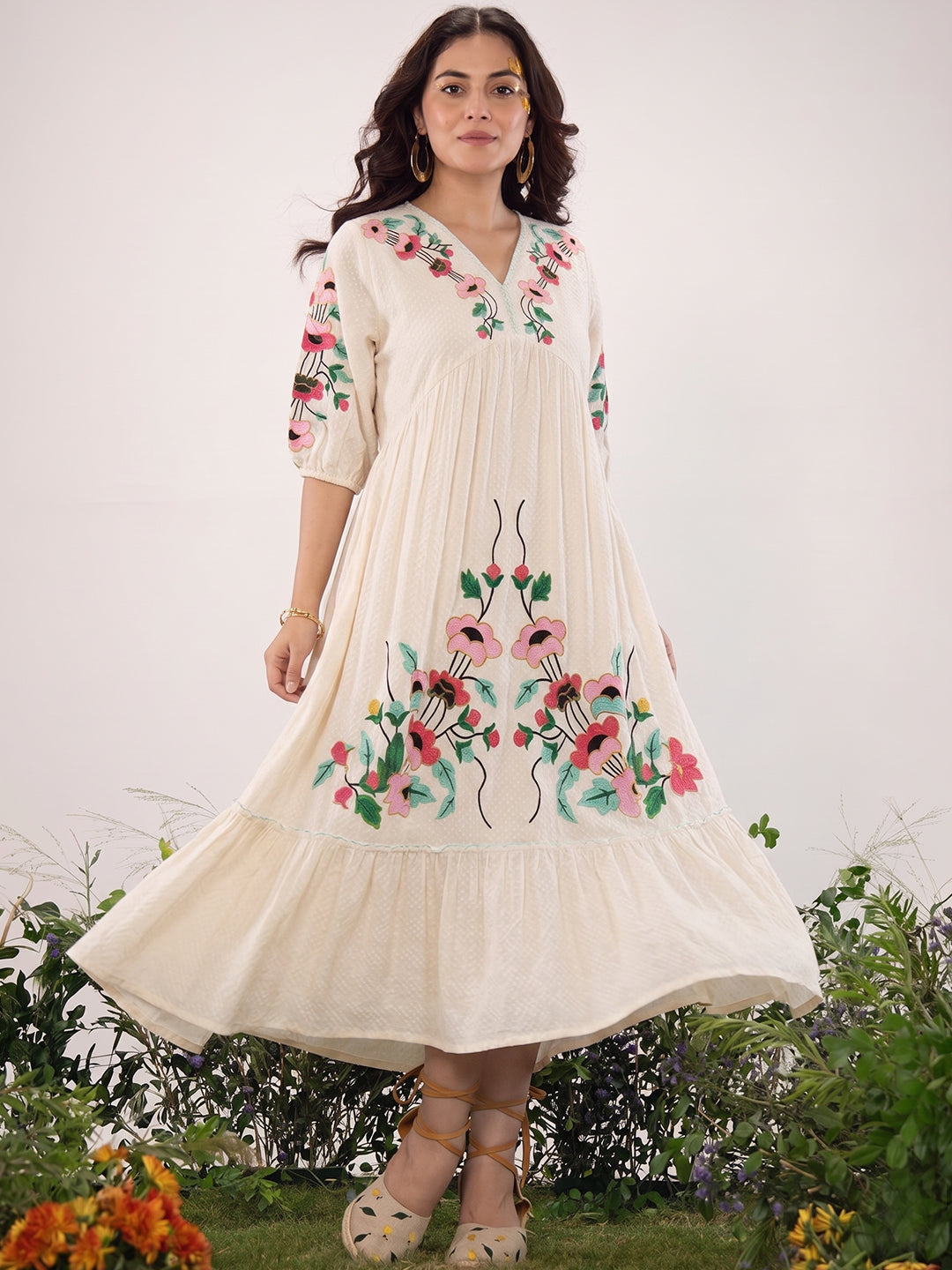 Off-White Multicolour Embroidered Cotton Midi Dress