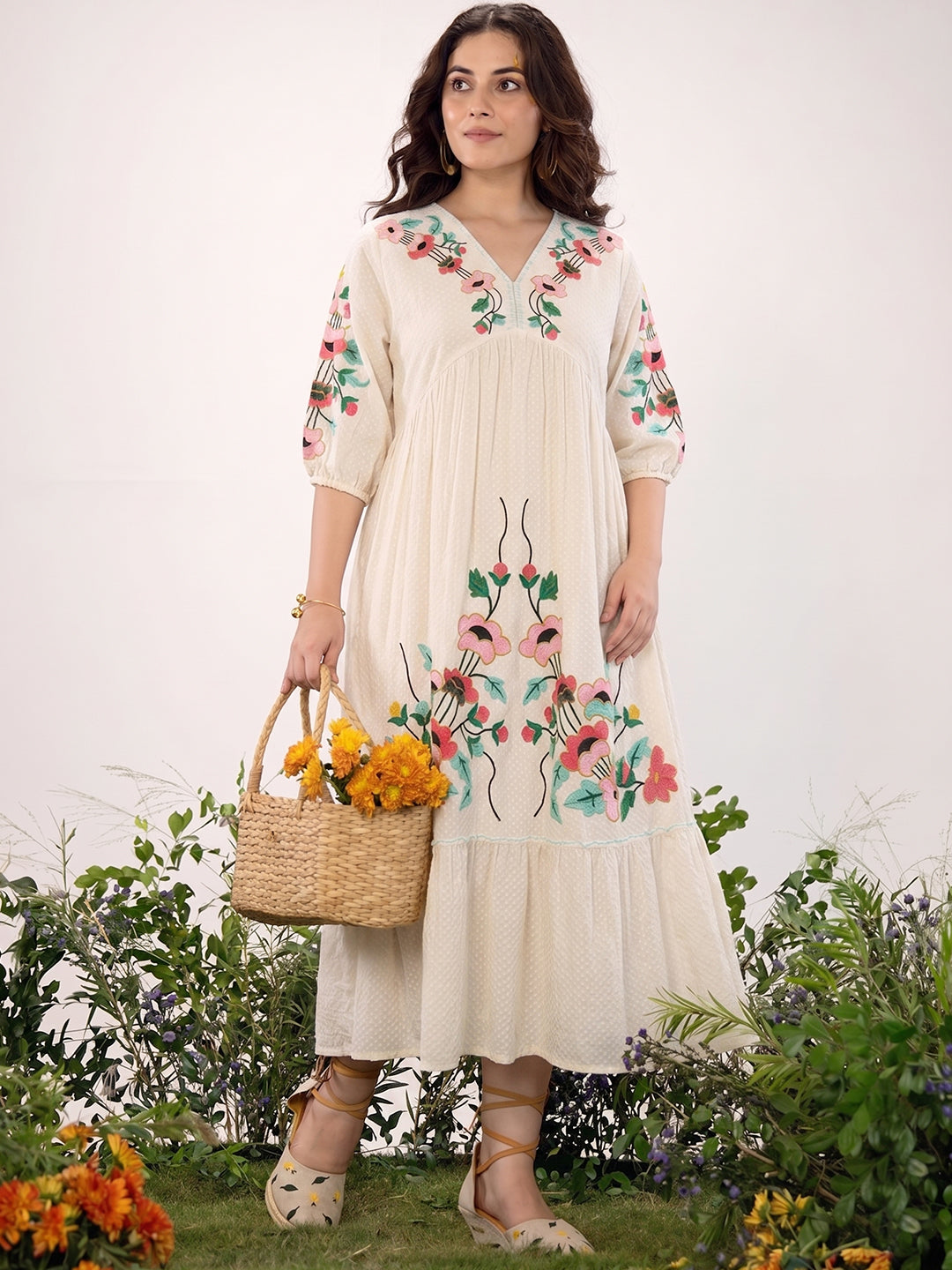 Off-White Multicolour Embroidered Cotton Midi Dress
