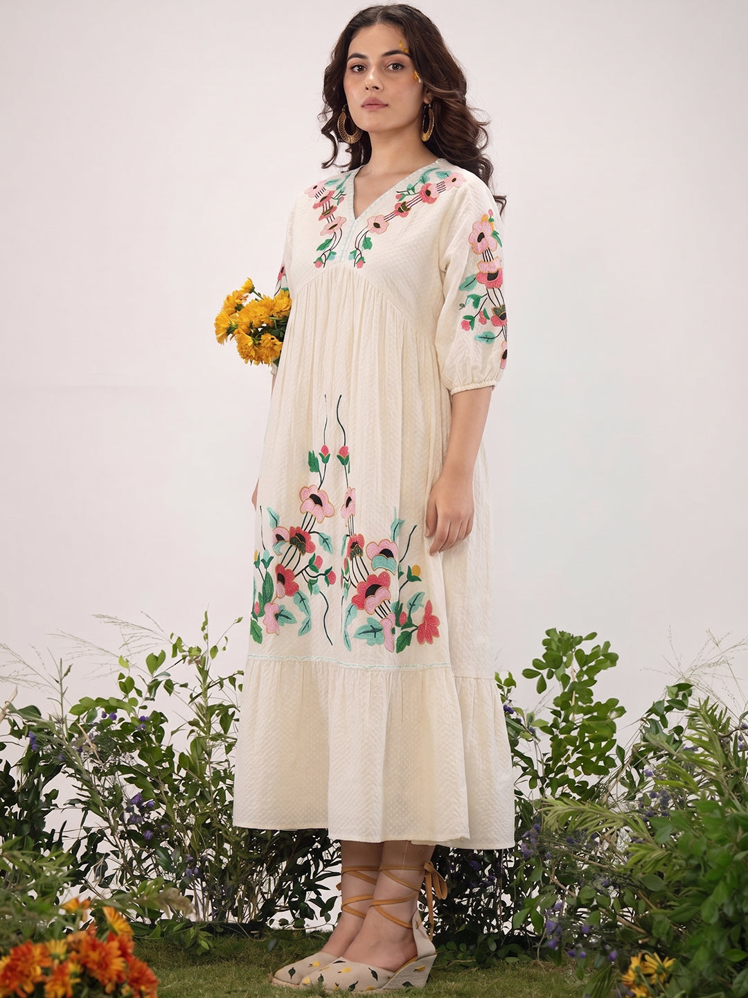 Off-White Multicolour Embroidered Cotton Midi Dress