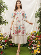 Off-White Floral Embroidered Cotton Midi Dress with Puff Sleeves