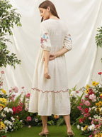 Off-White Floral Embroidered Cotton Midi Dress with Puff Sleeves