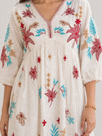 Off-White Floral Embroidered Cotton Midi Dress with Puff Sleeves