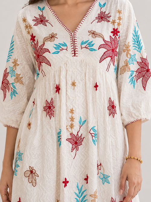 Off-White Floral Embroidered Cotton Midi Dress with Puff Sleeves
