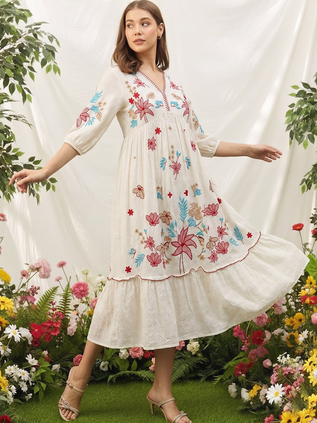 Off-White Floral Embroidered Cotton Midi Dress with Puff Sleeves