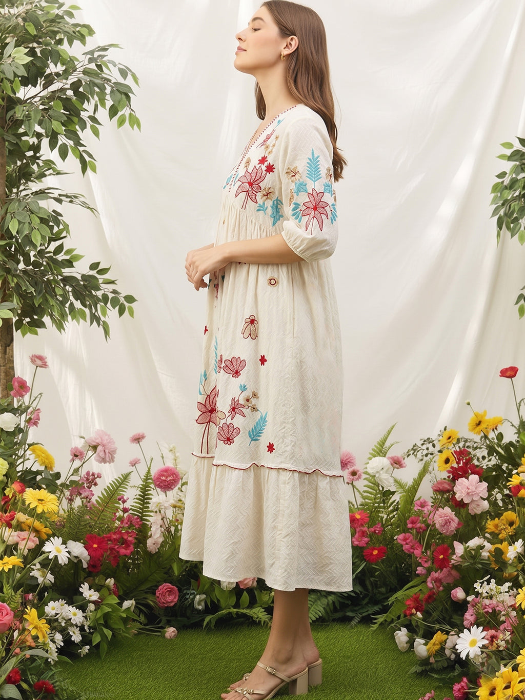 Off-White Floral Embroidered Cotton Midi Dress with Puff Sleeves