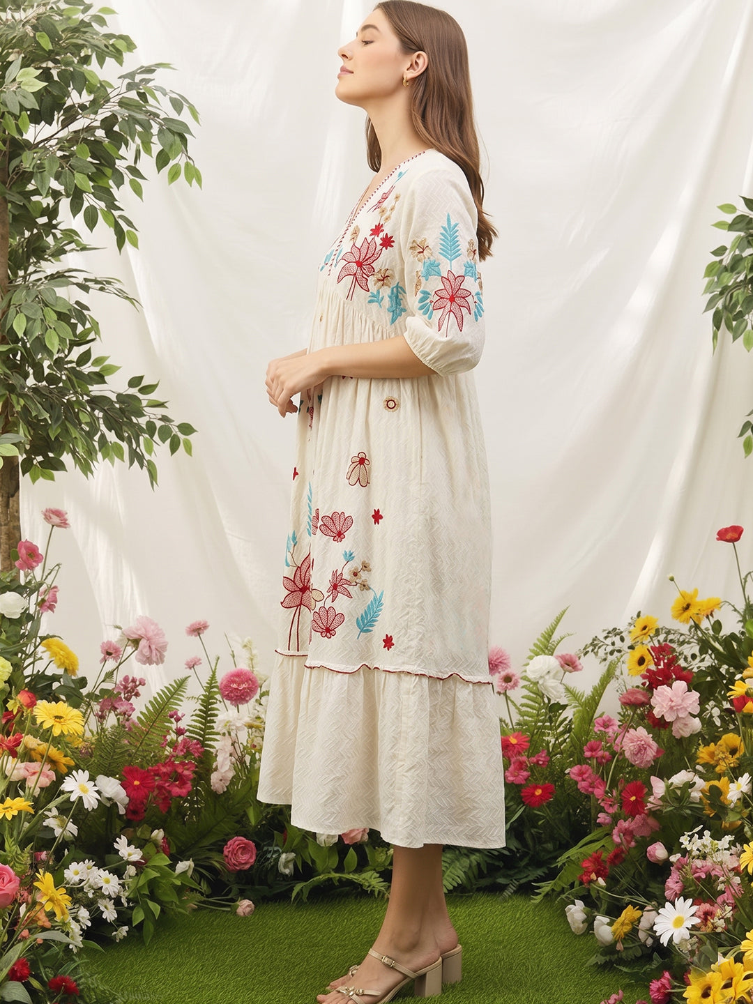 Off-White Floral Embroidered Cotton Midi Dress with Puff Sleeves