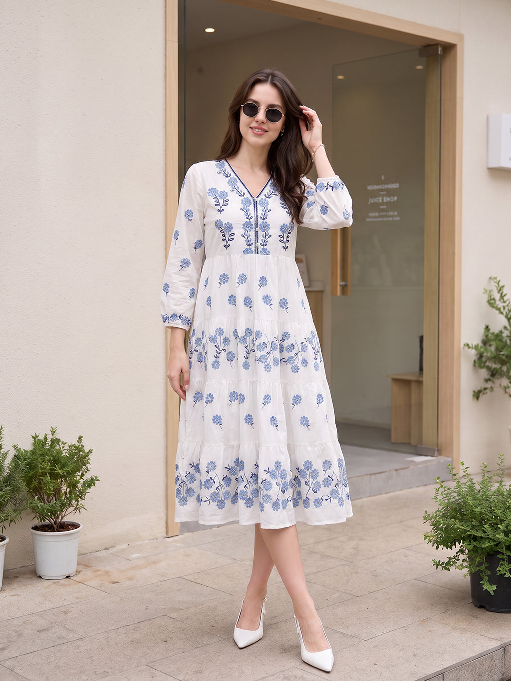 Zummer Women's White Embroidered Fit & Flare Midi Dress with Puff Sleeves