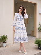 Zummer Women's White Embroidered Fit & Flare Midi Dress with Puff Sleeves