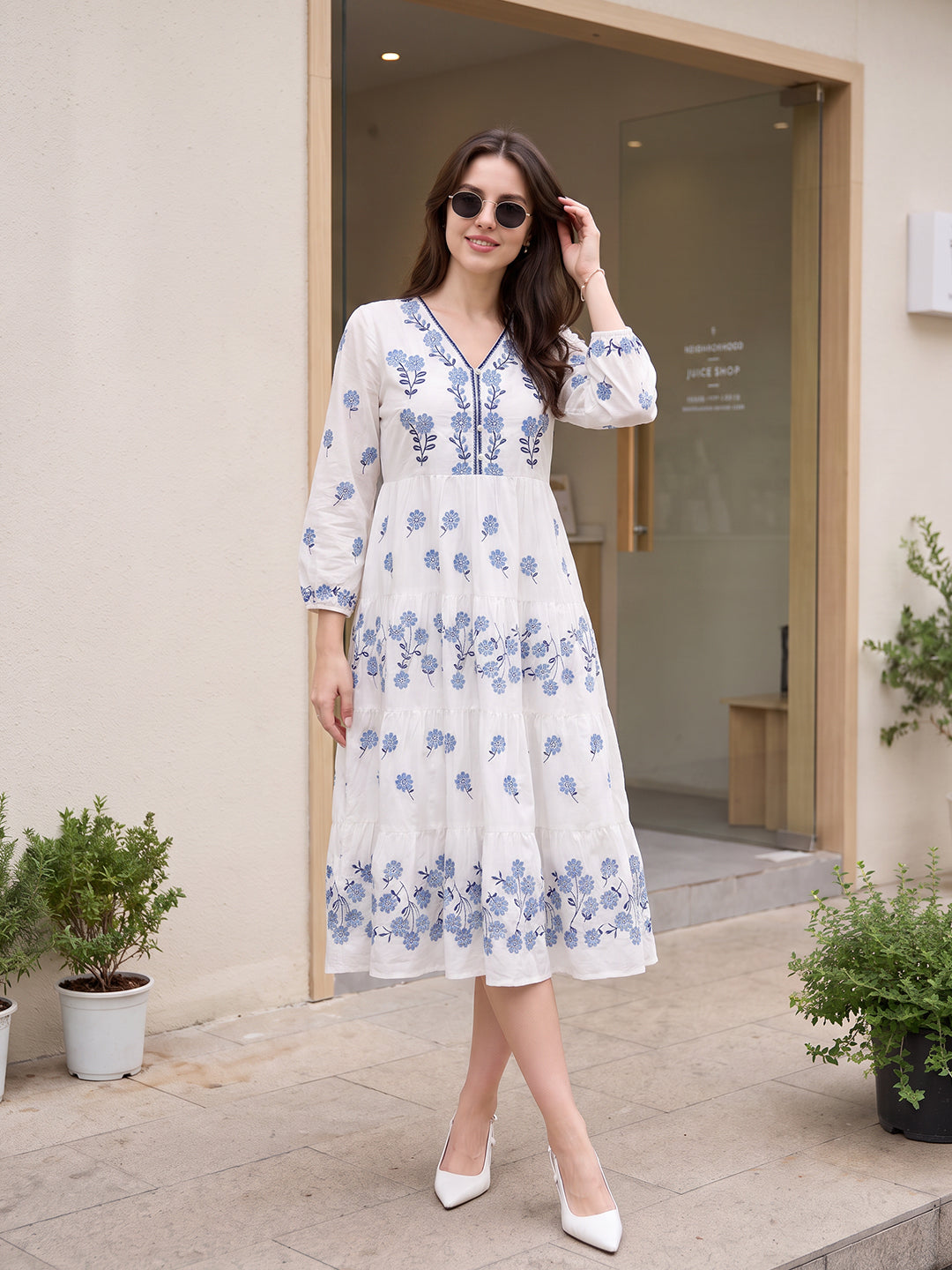 Zummer Women's White Embroidered Fit & Flare Midi Dress with Puff Sleeves