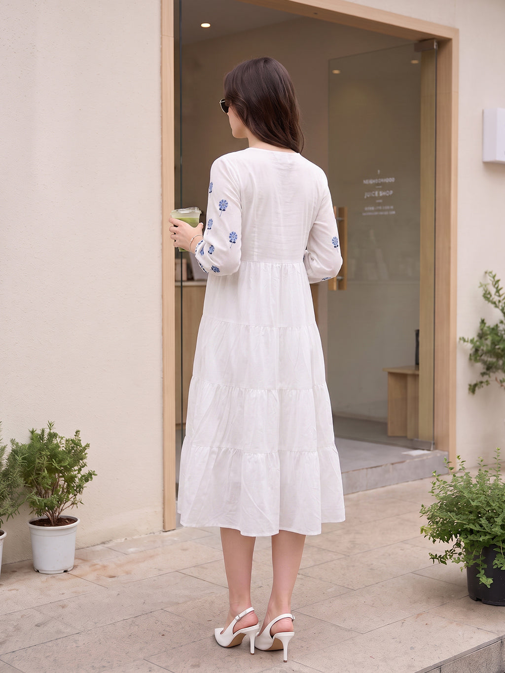 Zummer Women's White Embroidered Fit & Flare Midi Dress with Puff Sleeves