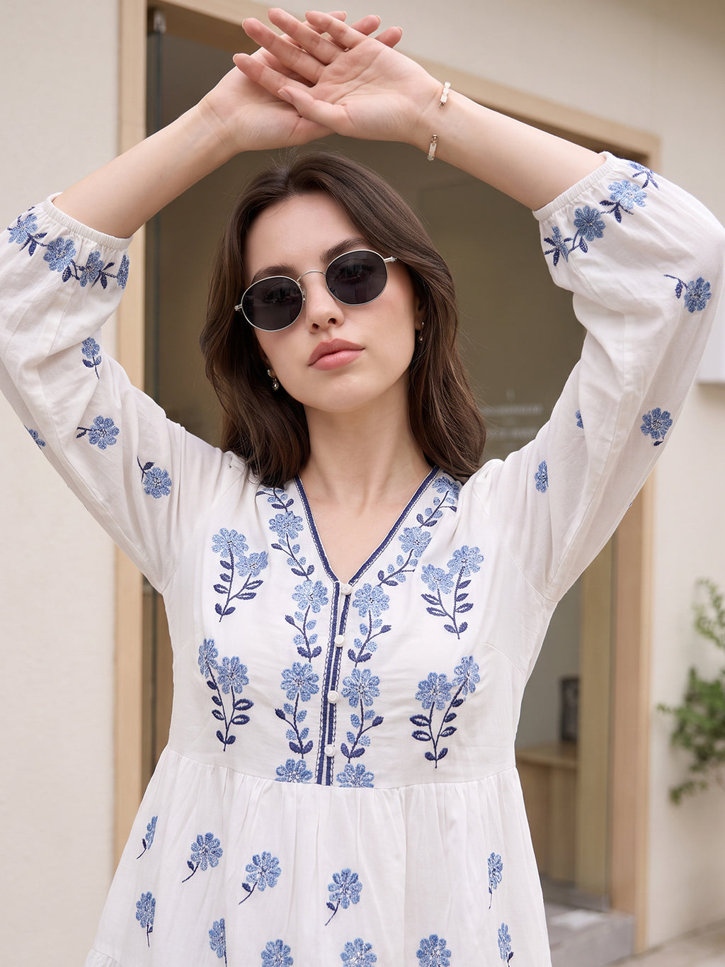 Zummer Women's White Embroidered Fit & Flare Midi Dress with Puff Sleeves