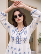 Zummer Women's White Embroidered Fit & Flare Midi Dress with Puff Sleeves