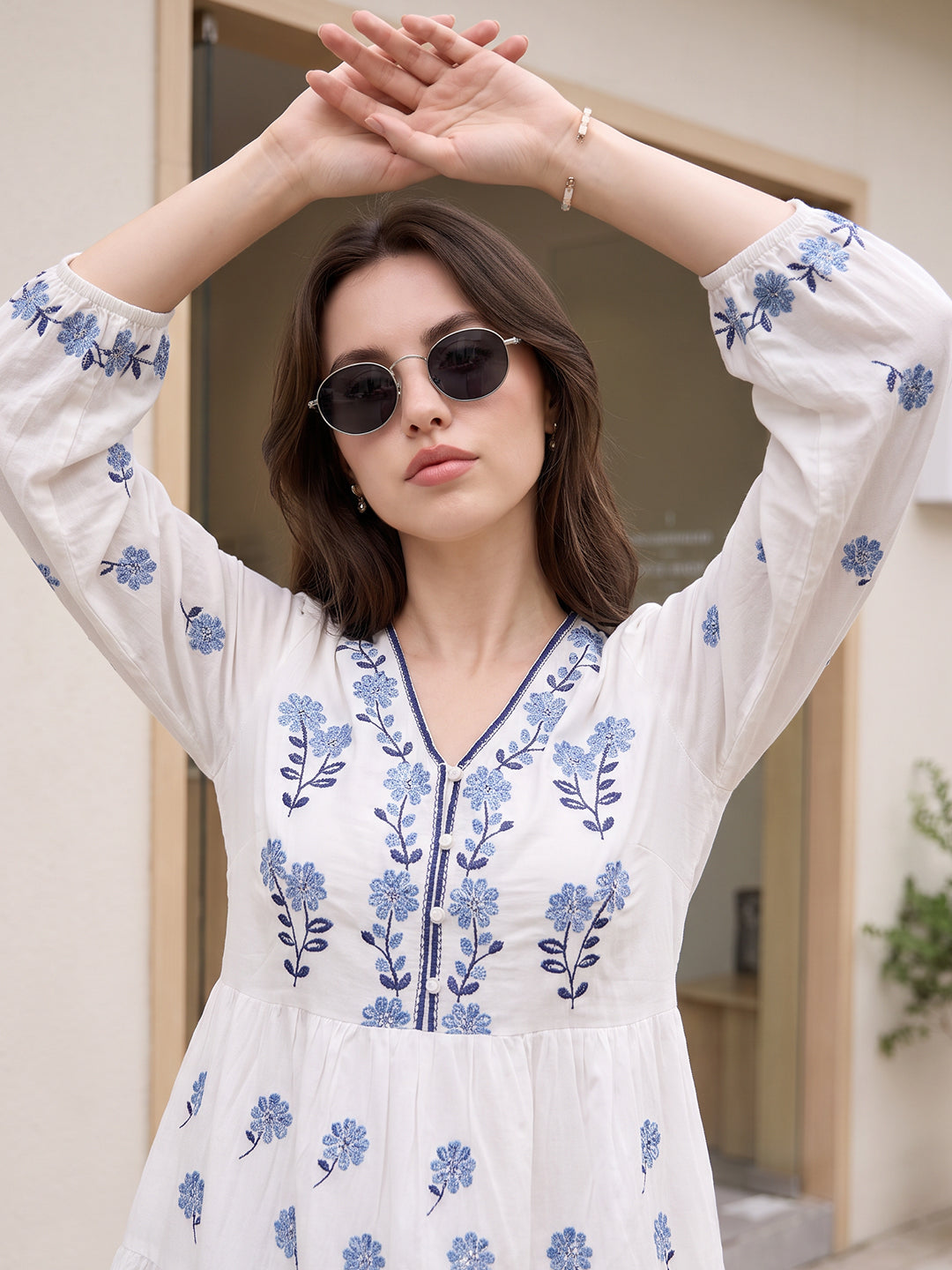 Zummer Women's White Embroidered Fit & Flare Midi Dress with Puff Sleeves