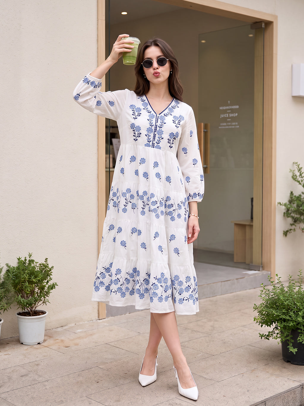 Zummer Women's White Embroidered Fit & Flare Midi Dress with Puff Sleeves