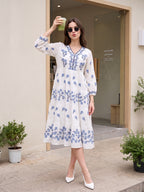 Zummer Women's White Embroidered Fit & Flare Midi Dress with Puff Sleeves