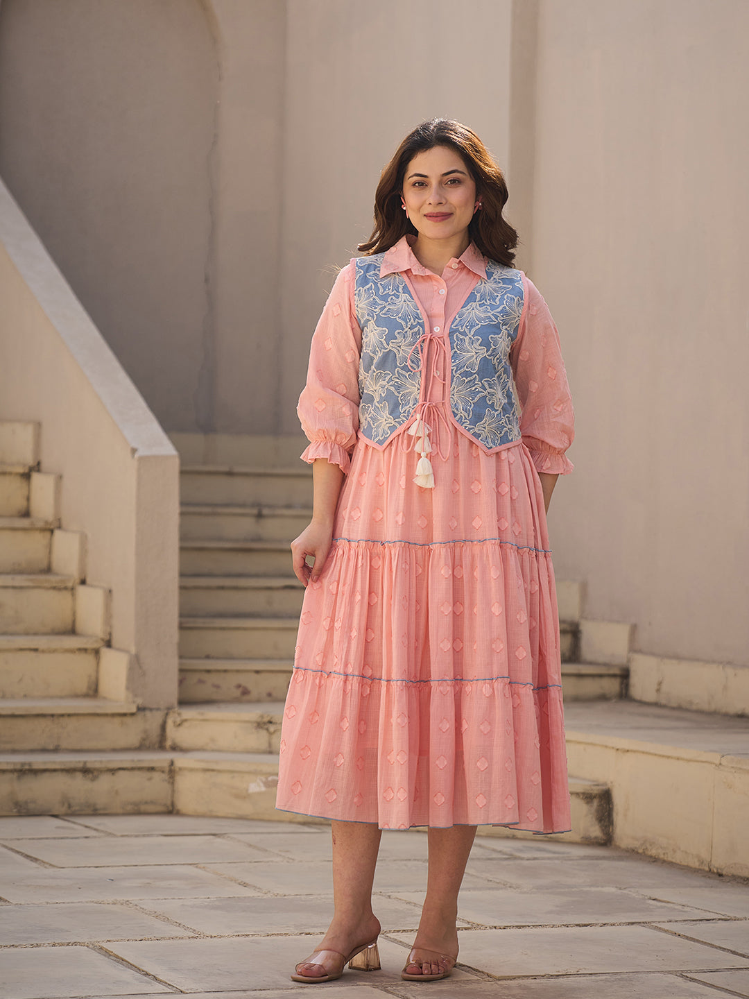 Zummer Peach Cotton Midi Dress with Jacket