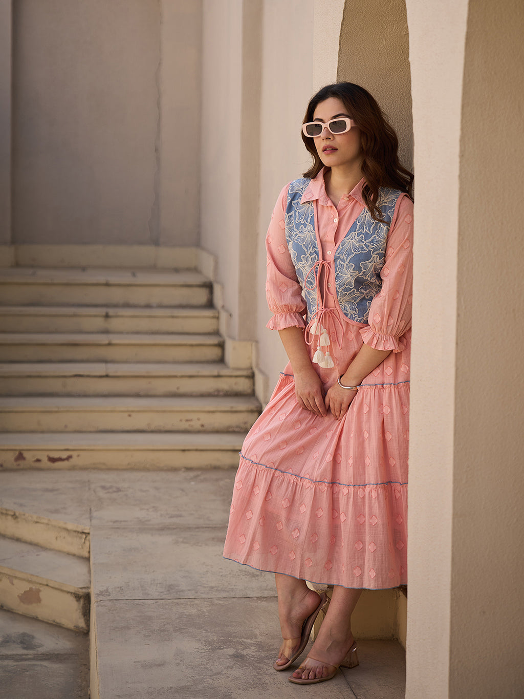 Zummer Peach Cotton Midi Dress with Jacket