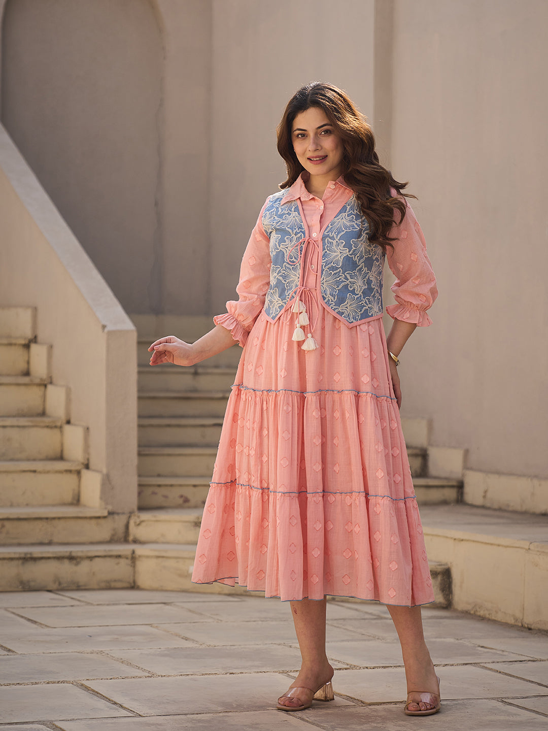 Zummer Peach Cotton Midi Dress with Jacket