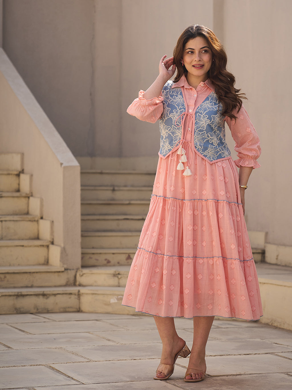 Zummer Peach Cotton Midi Dress with Jacket