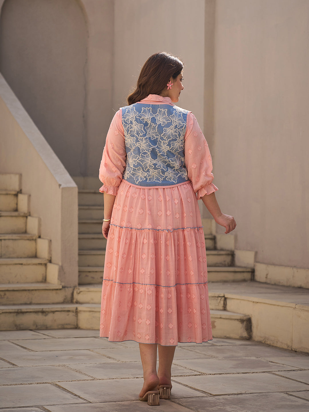 Zummer Peach Cotton Midi Dress with Jacket