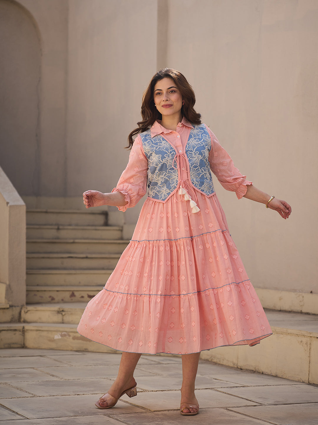 Zummer Peach Cotton Midi Dress with Jacket