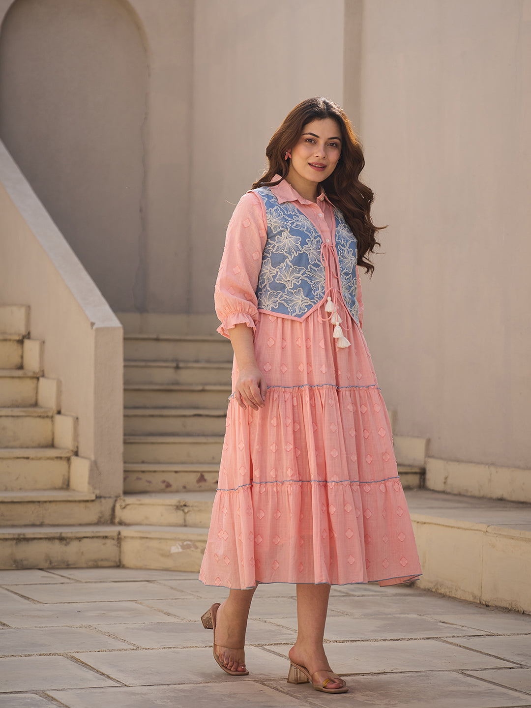 Zummer Peach Cotton Midi Dress with Jacket