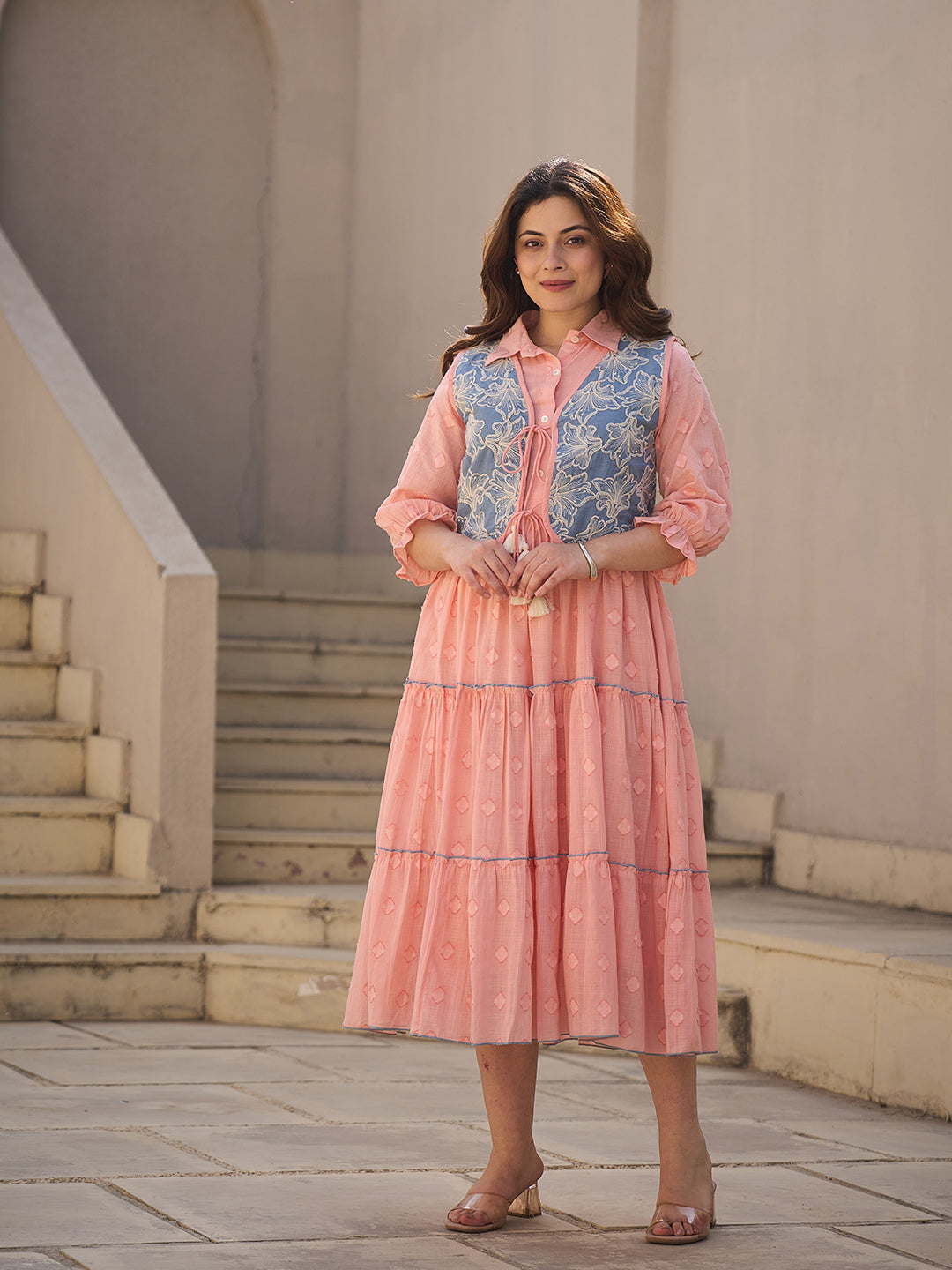 Zummer Peach Cotton Midi Dress with Jacket