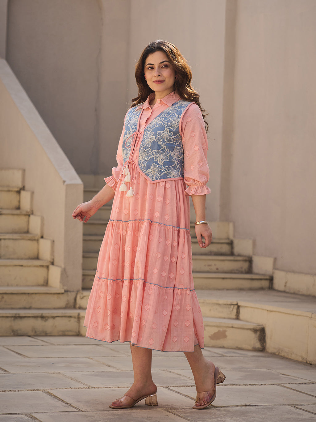 Zummer Peach Cotton Midi Dress with Jacket