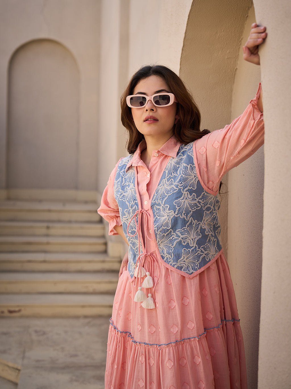 Zummer Peach Cotton Midi Dress with Jacket