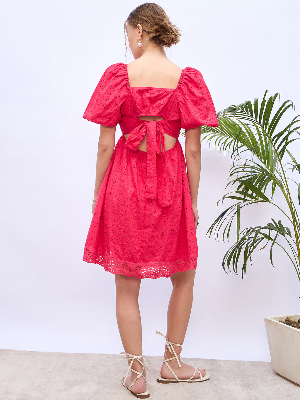 Pink Cotton Self Design Fit and Flare Short Dress with Puff Sleeves