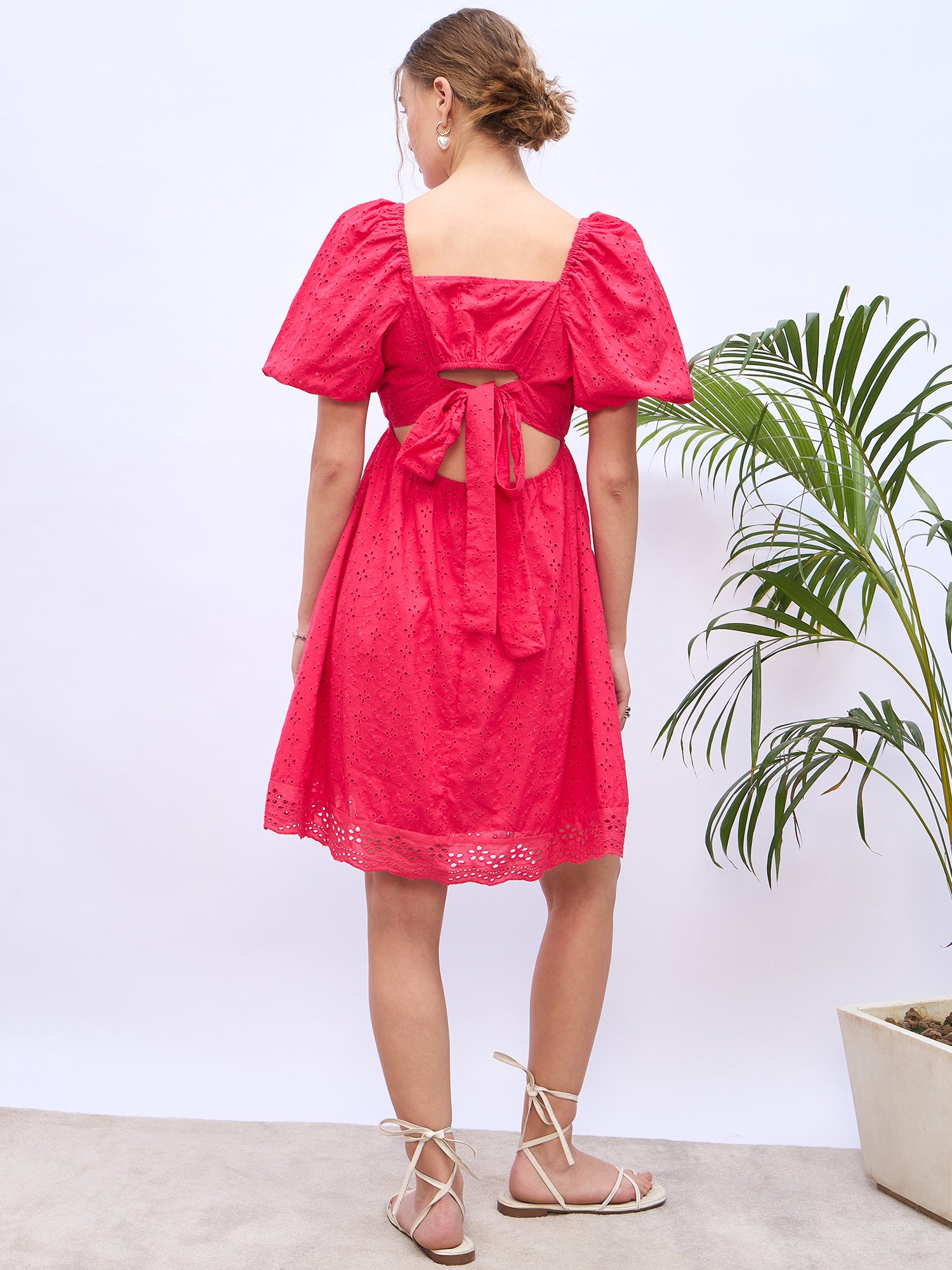 Pink Cotton Self Design Fit and Flare Short Dress with Puff Sleeves