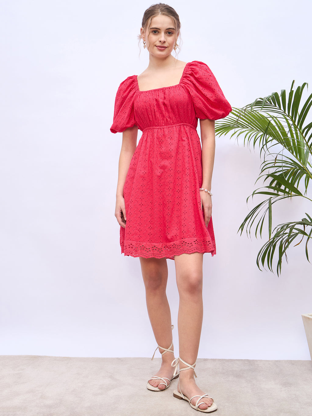 Pink Cotton Self Design Fit and Flare Short Dress with Puff Sleeves