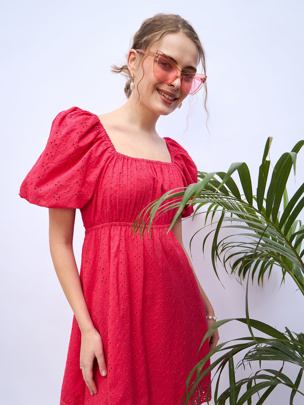 Pink Cotton Self Design Fit and Flare Short Dress with Puff Sleeves