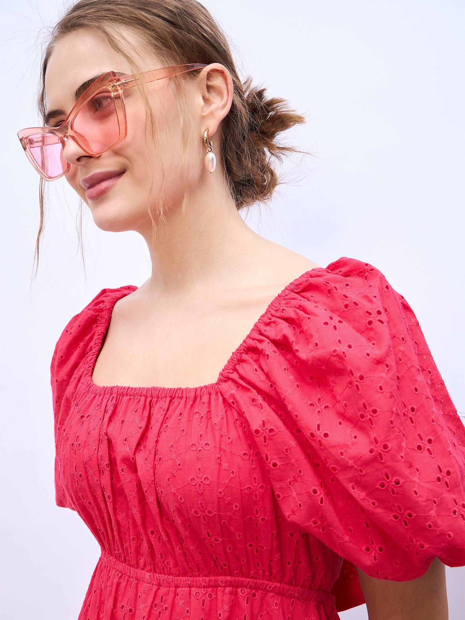 Pink Cotton Self Design Fit and Flare Short Dress with Puff Sleeves