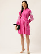 Cotton Pink Embroidered Shirt Dress