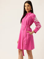 Cotton Pink Embroidered Shirt Dress