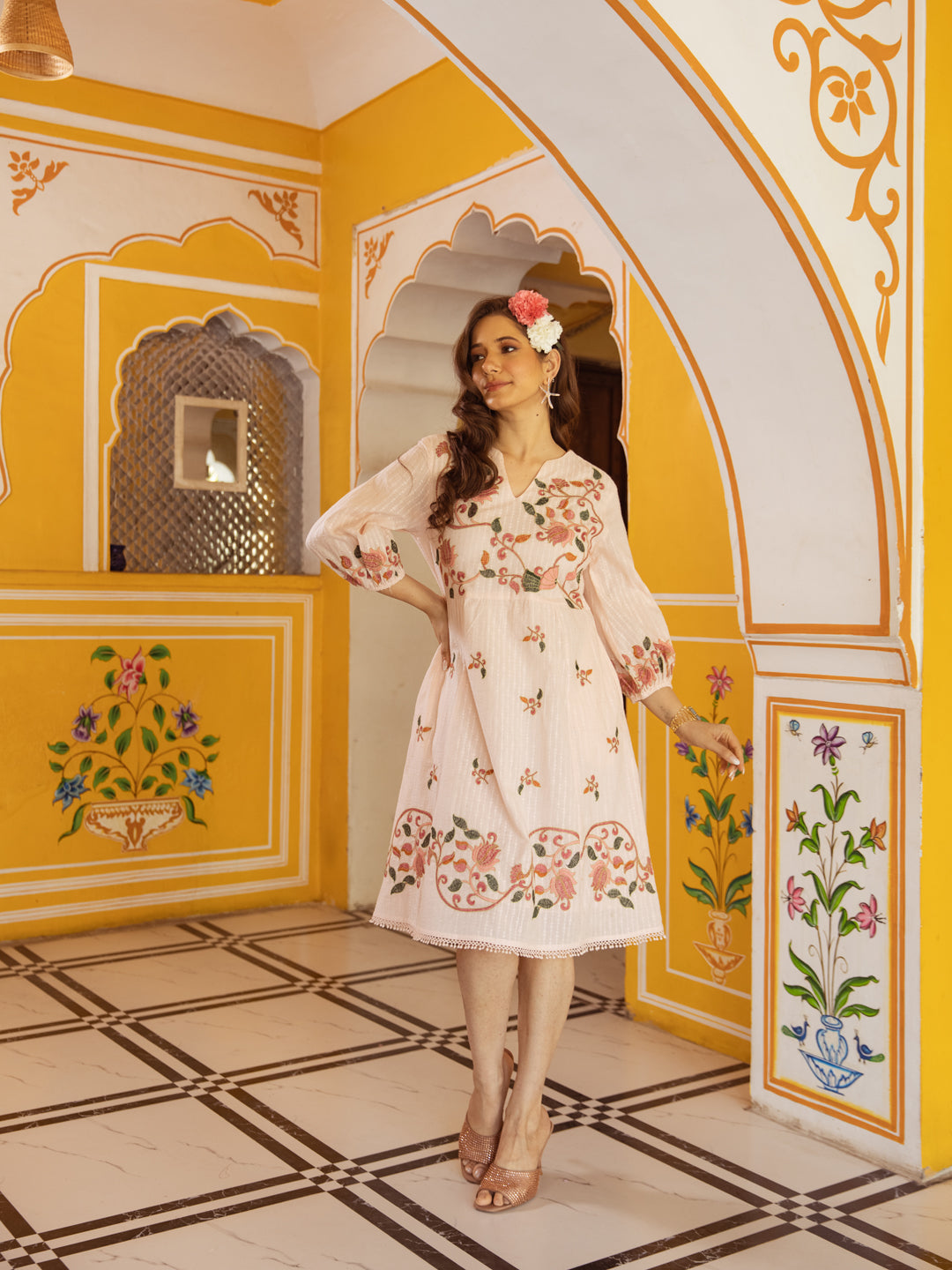 Cotton Pink Embroidered A- line Midi Dress