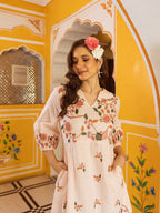 Cotton Pink Embroidered A- line Midi Dress