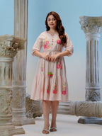 Zummer Women Peach Embroidered Cotton Midi Dress