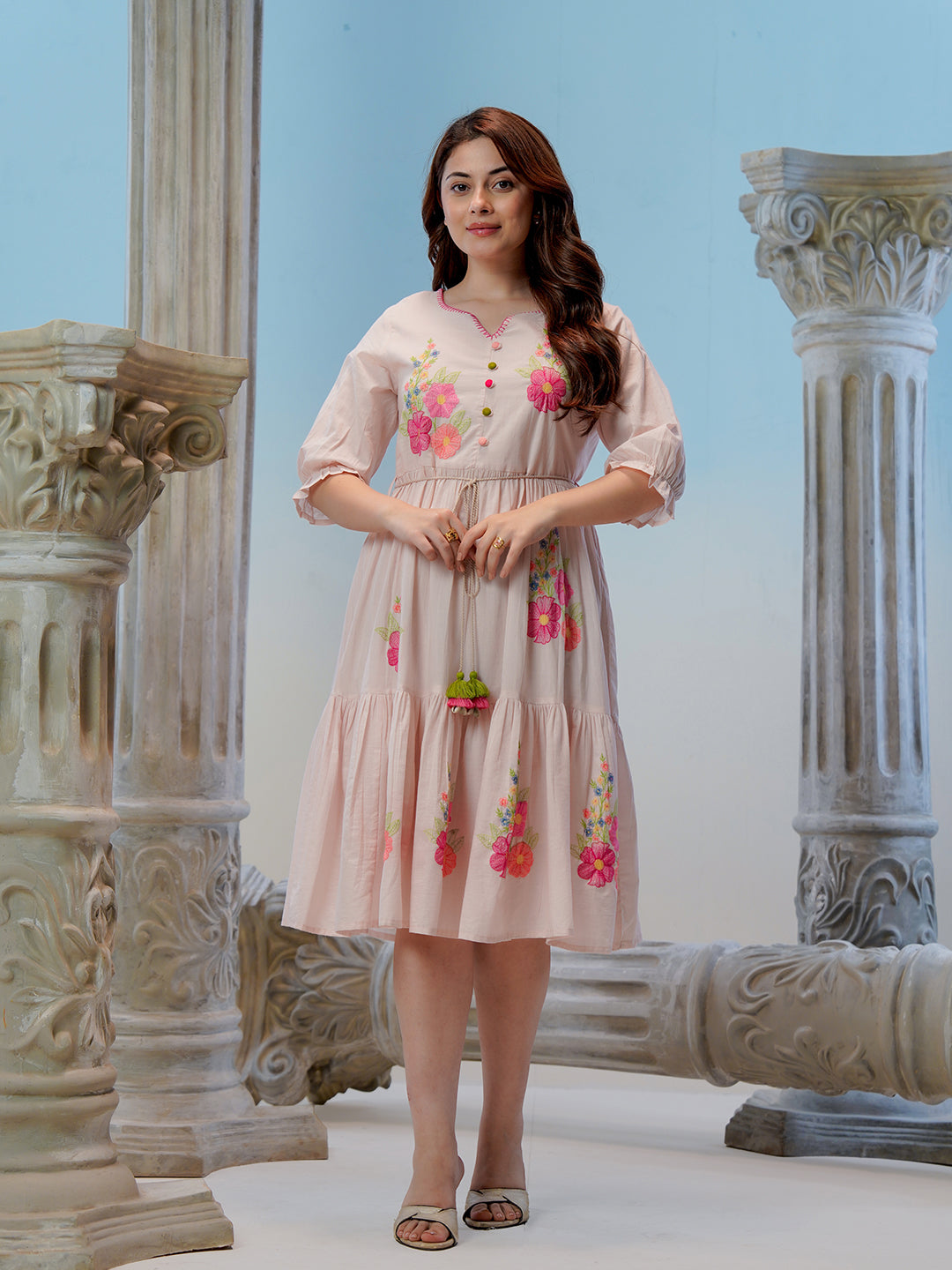 Zummer Women Peach Embroidered Cotton Midi Dress