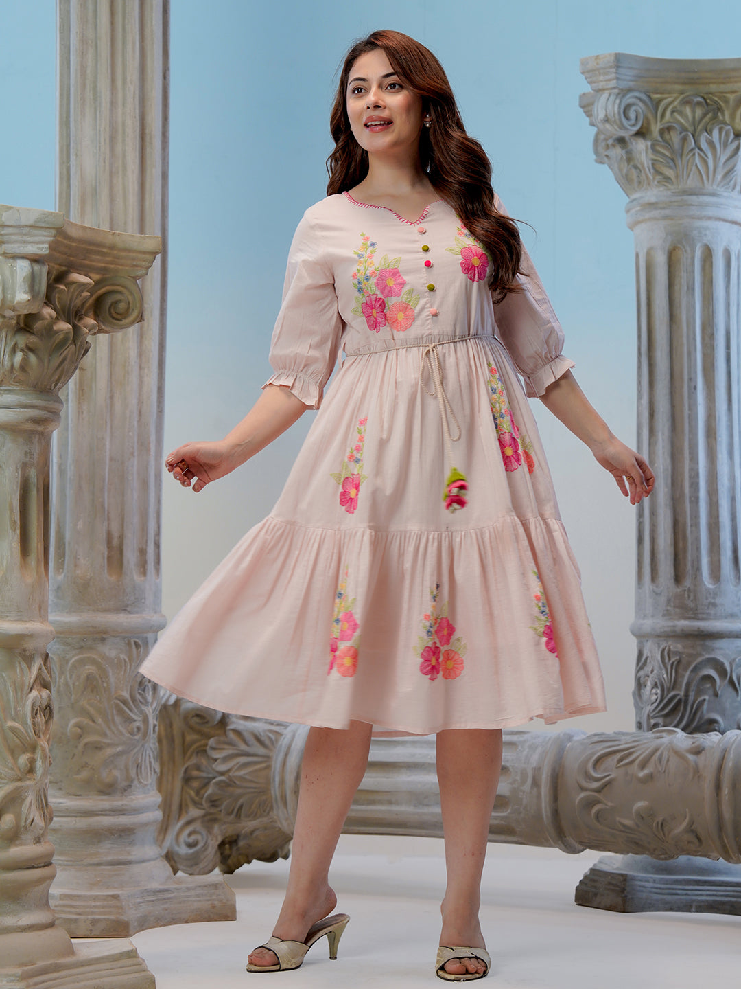 Zummer Women Peach Embroidered Cotton Midi Dress