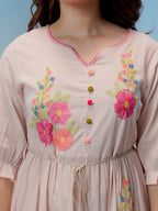 Zummer Women Peach Embroidered Cotton Midi Dress