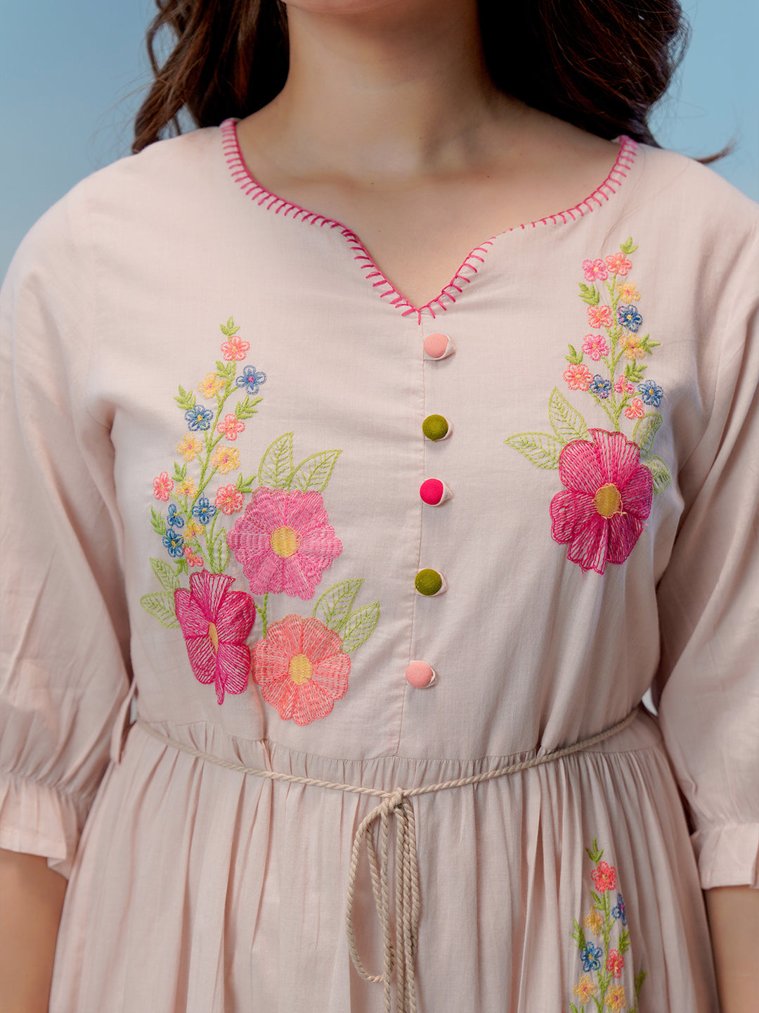 Zummer Women Peach Embroidered Cotton Midi Dress