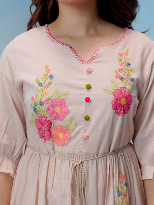 Zummer Women Peach Embroidered Cotton Midi Dress