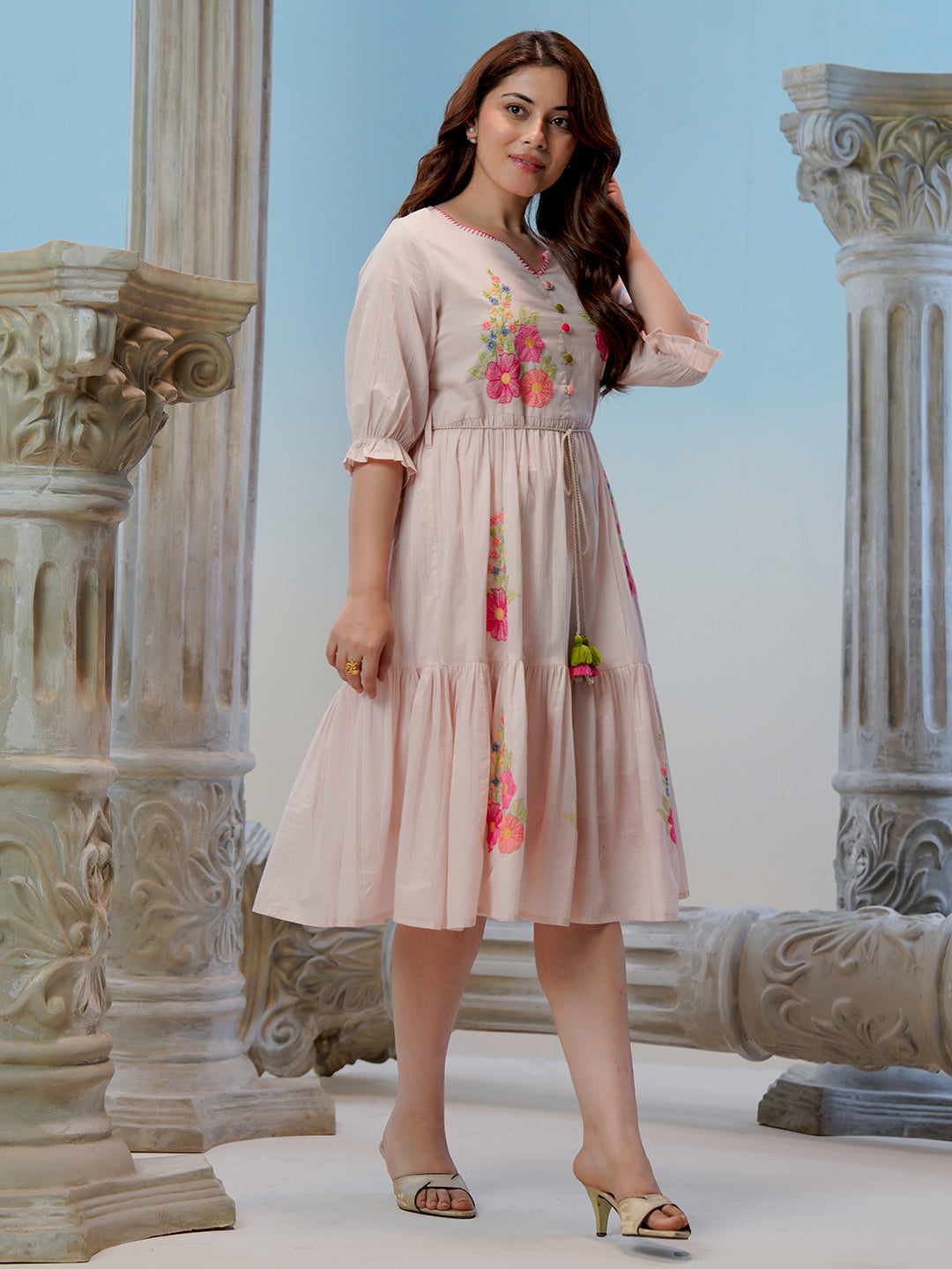 Zummer Women Peach Embroidered Cotton Midi Dress