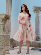 Zummer Women Peach Embroidered Cotton Midi Dress