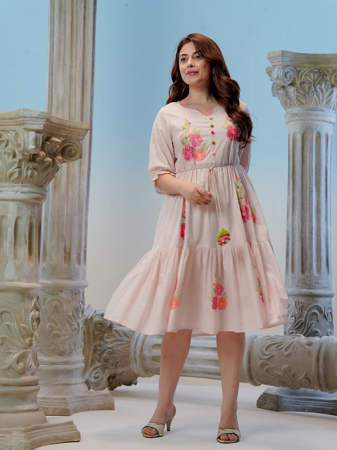 Zummer Women Peach Embroidered Cotton Midi Dress