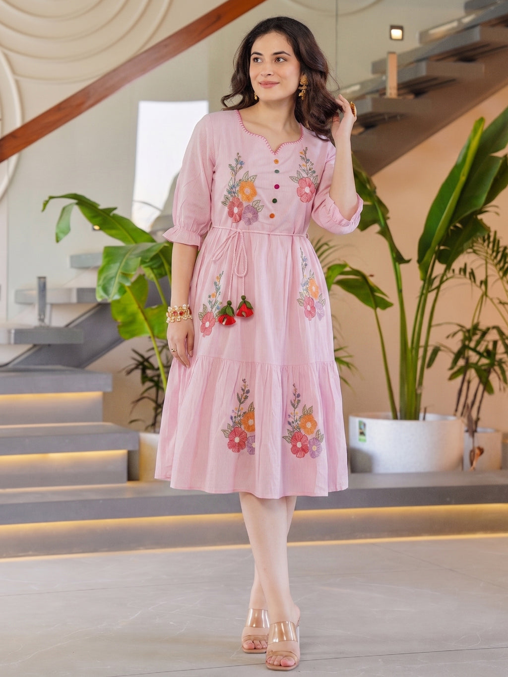 Zummer Women’s Pink Floral Embroidered Fit & Flare Midi Dress with Puff Sleeves