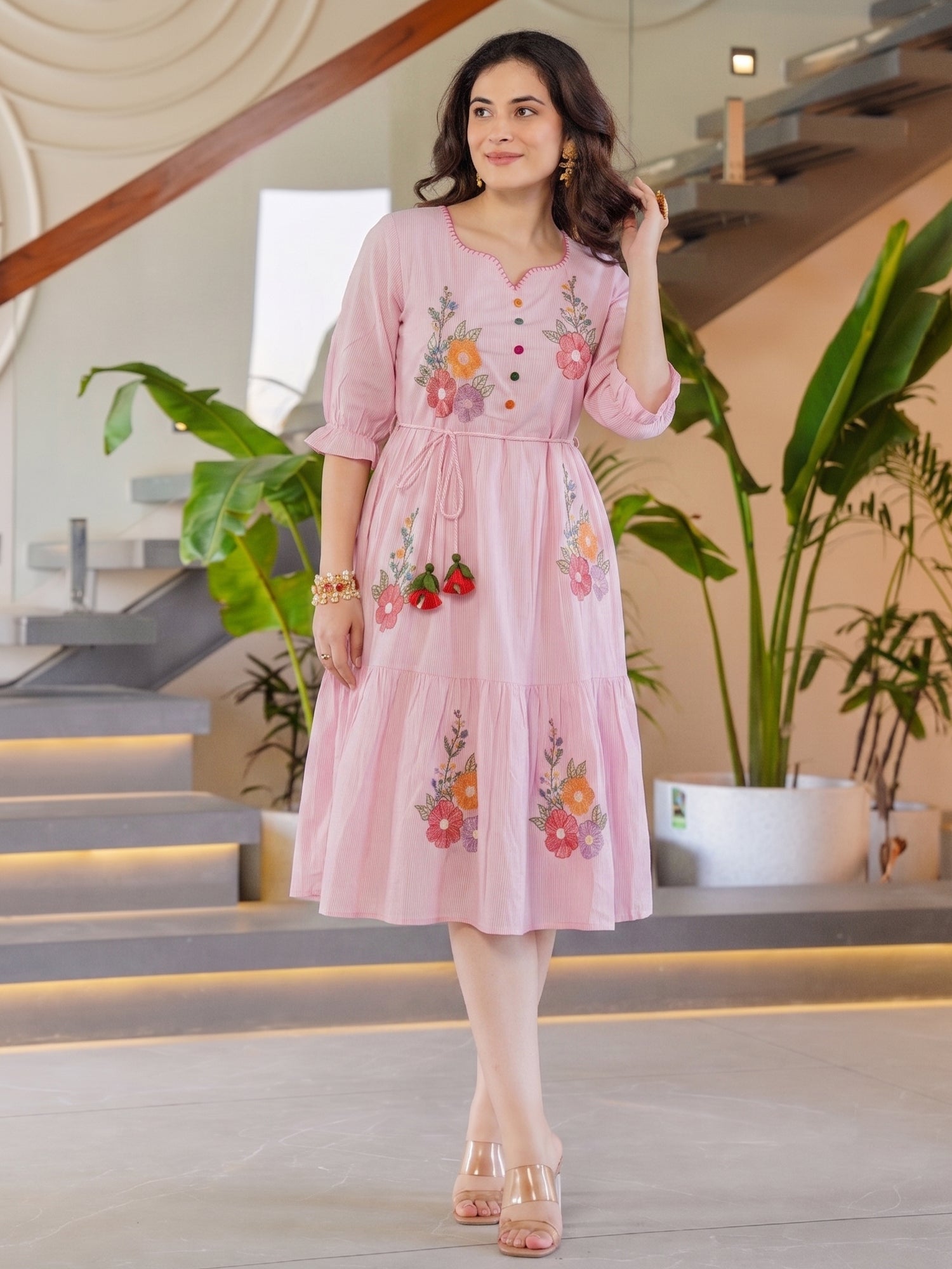 Zummer Women’s Pink Floral Embroidered Fit & Flare Midi Dress with Puff Sleeves