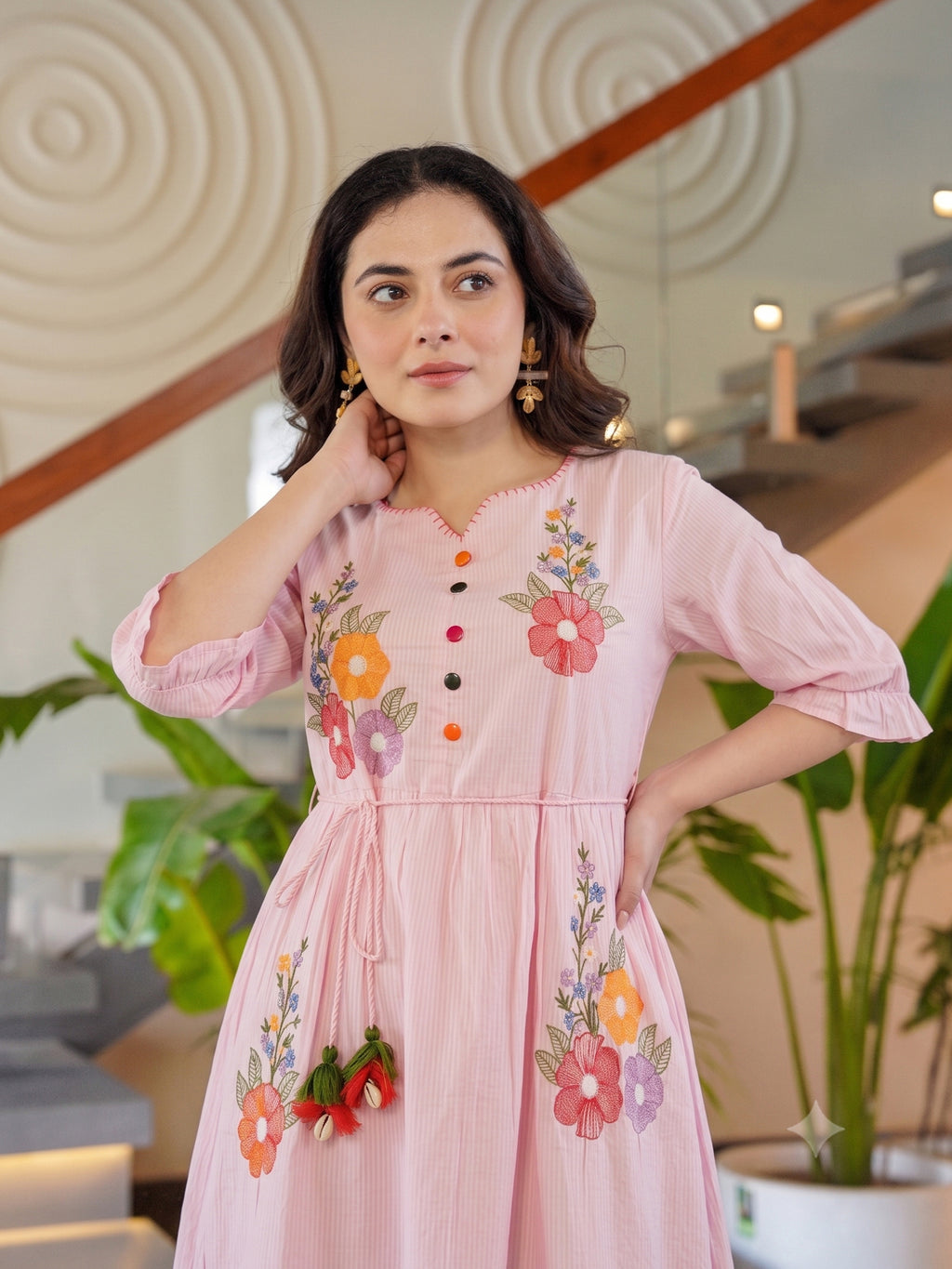 Zummer Women’s Pink Floral Embroidered Fit & Flare Midi Dress with Puff Sleeves